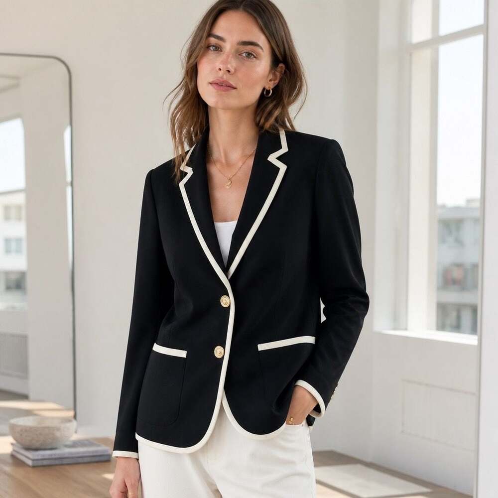 Talbots Aberdeen Pique Knit Piped Black Blazer Size 10P